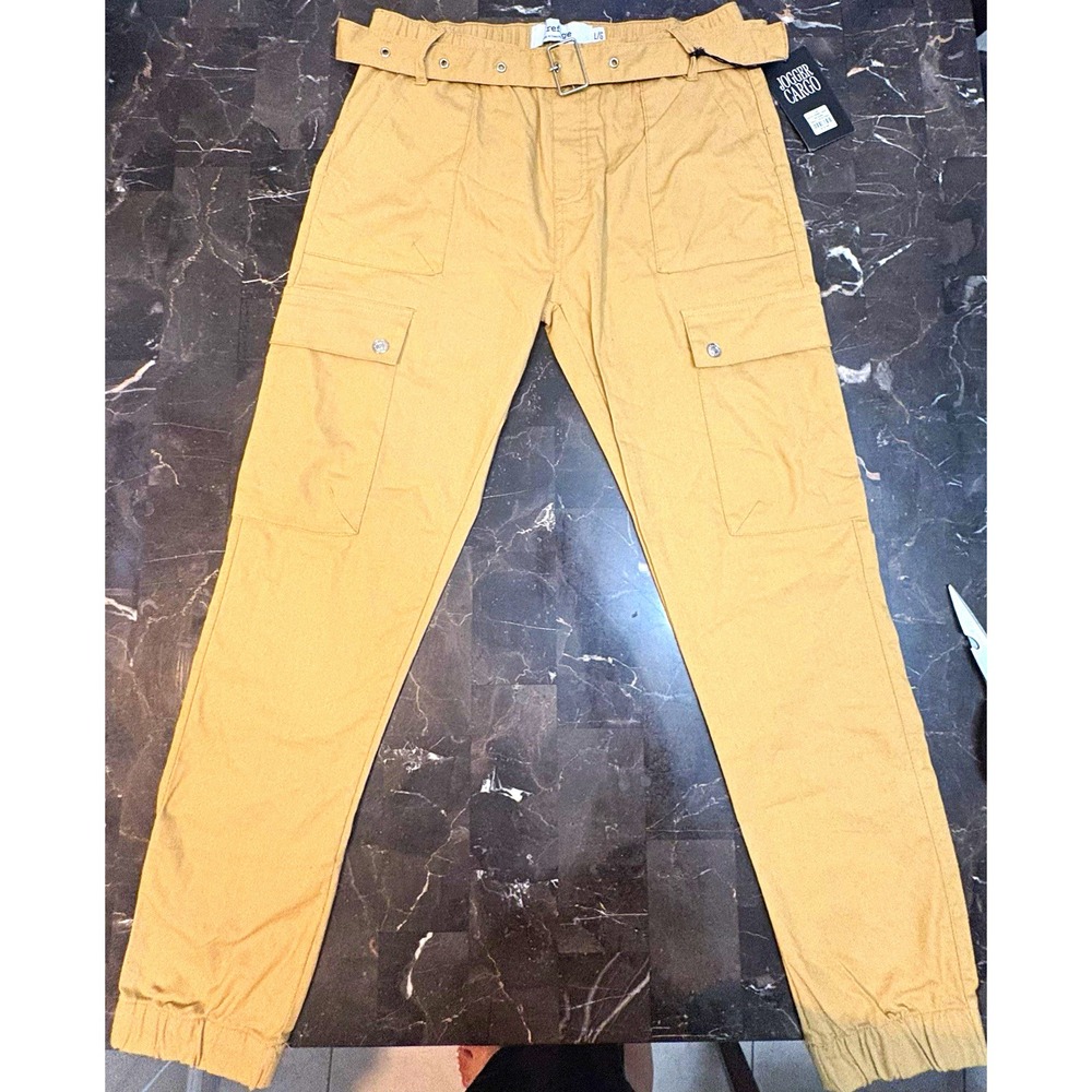 Refuge Men's Beige Solid Cargo Jogger Pants Size L Pockets Buckle/Button
